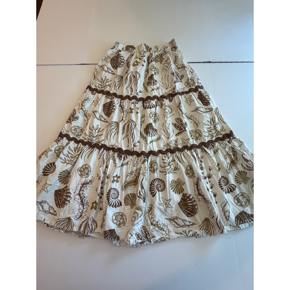 Kings Road Womens Brown Seashell Print Cotton Tiered Maxi Skirt Ric Rac Trim M